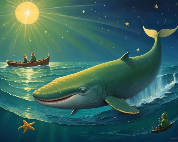 Whimsical Night Scene with Whale and Starry Sky
