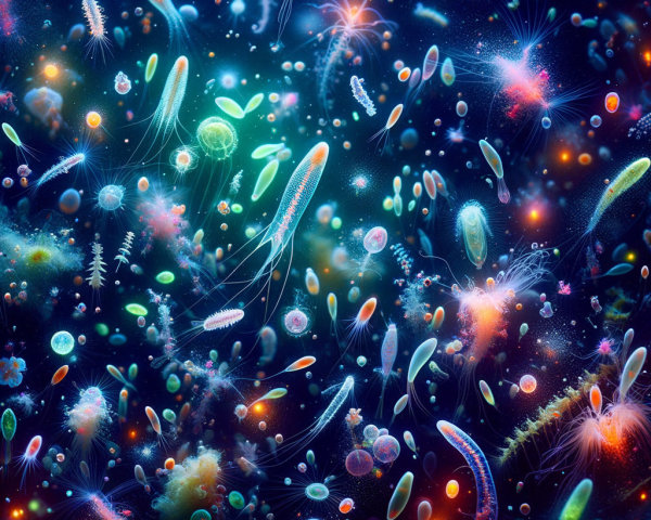 Vibrant Underwater Scene with Microscopic Life Forms