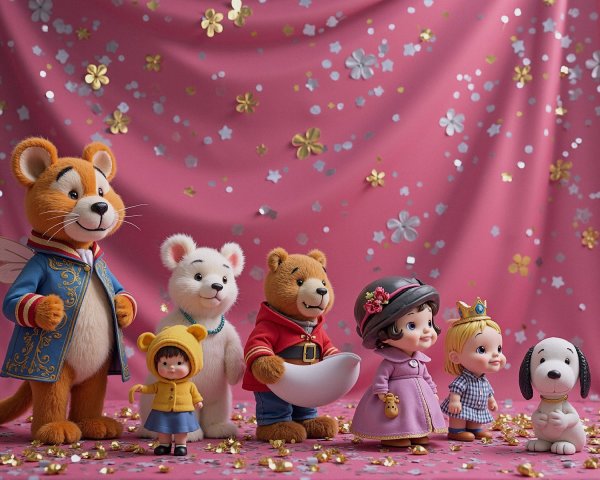 Colorful Plush Toys in Whimsical Pink Scene