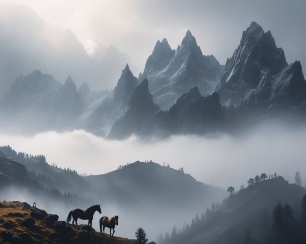 Horses Silhouetted Against Misty Mountain Landscape