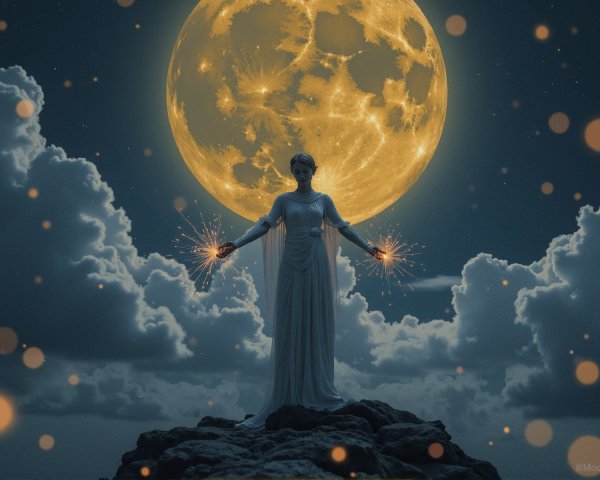 Serene figure in white fabric under glowing full moon