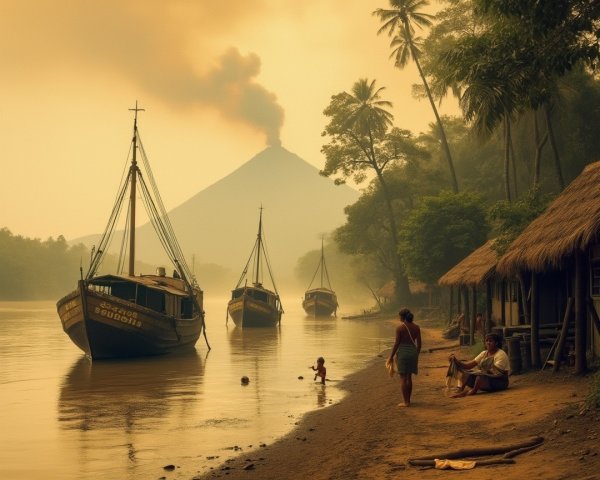 Tranquil Riverside Scene with Boats and Volcano Smoke