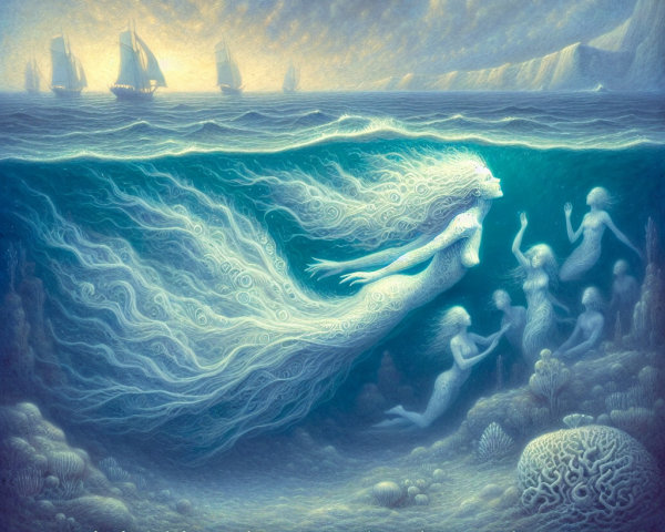 Mystical Underwater Scene with Ethereal Figures