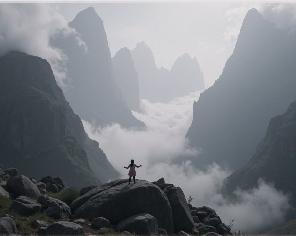 Child on Rock in Majestic Mountain Landscape