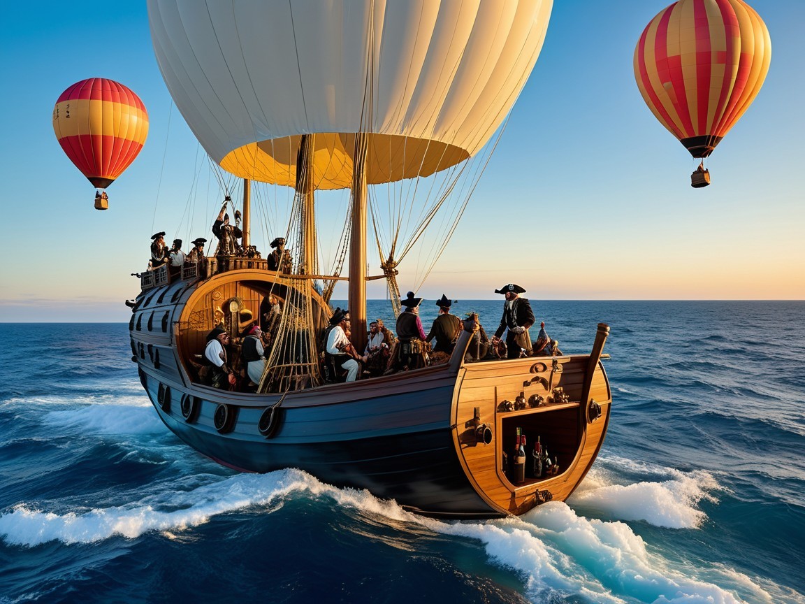 Pirate Ship Sailing Under Colorful Hot Air Balloons