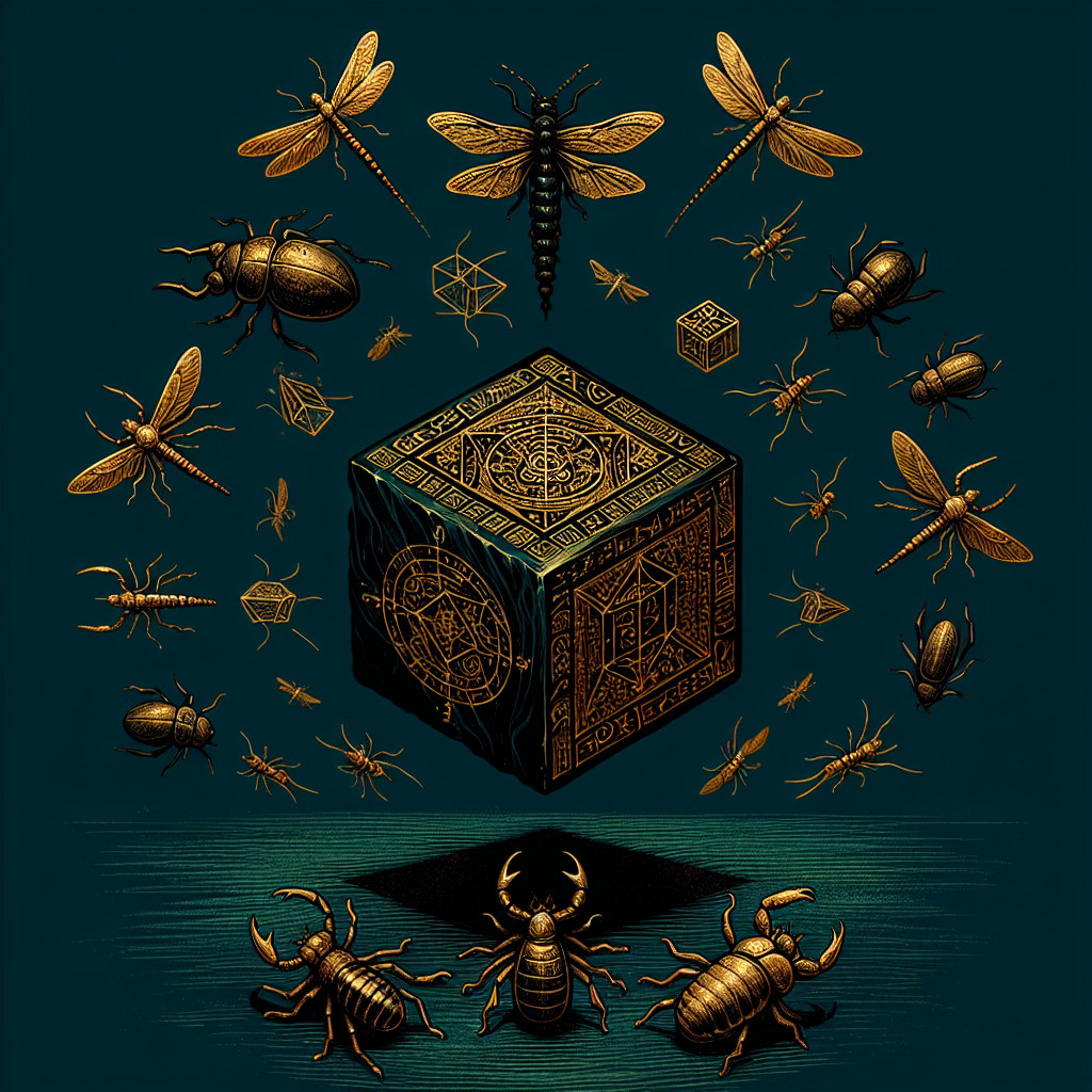 Mystical Cube Surrounded by Gold Insects on Blue Background