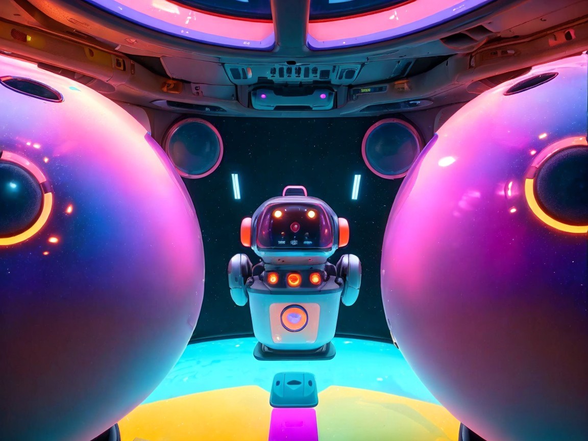 Futuristic Robot in Vibrant Spacecraft Cockpit Scene