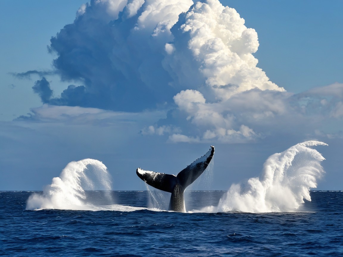 Whale Breaching in Vibrant Ocean Setting with Clouds