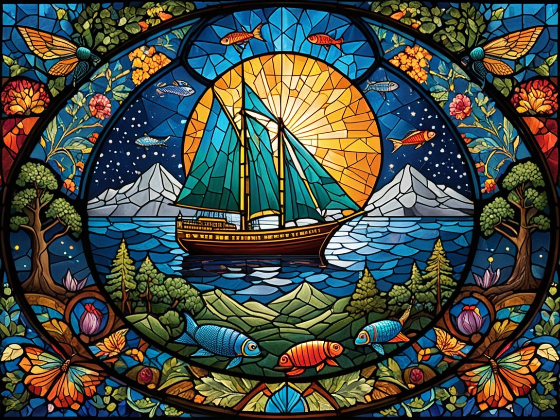 Vibrant Stained Glass Scene of Ship and Nature