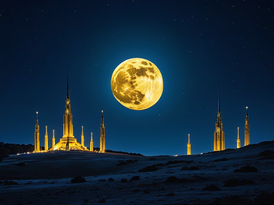 Surreal Landscape with Golden Towers and Full Moon