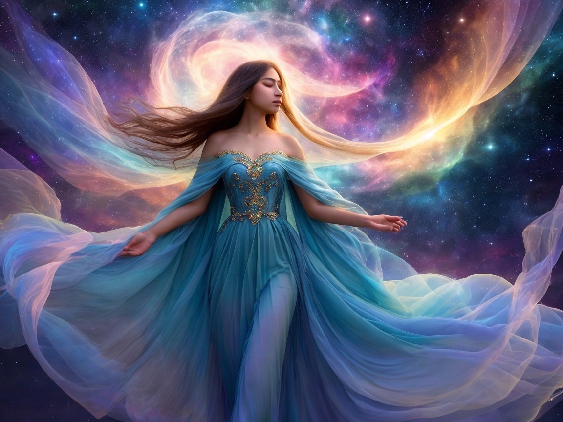 Young Woman in Cosmic Setting with Flowing Gown