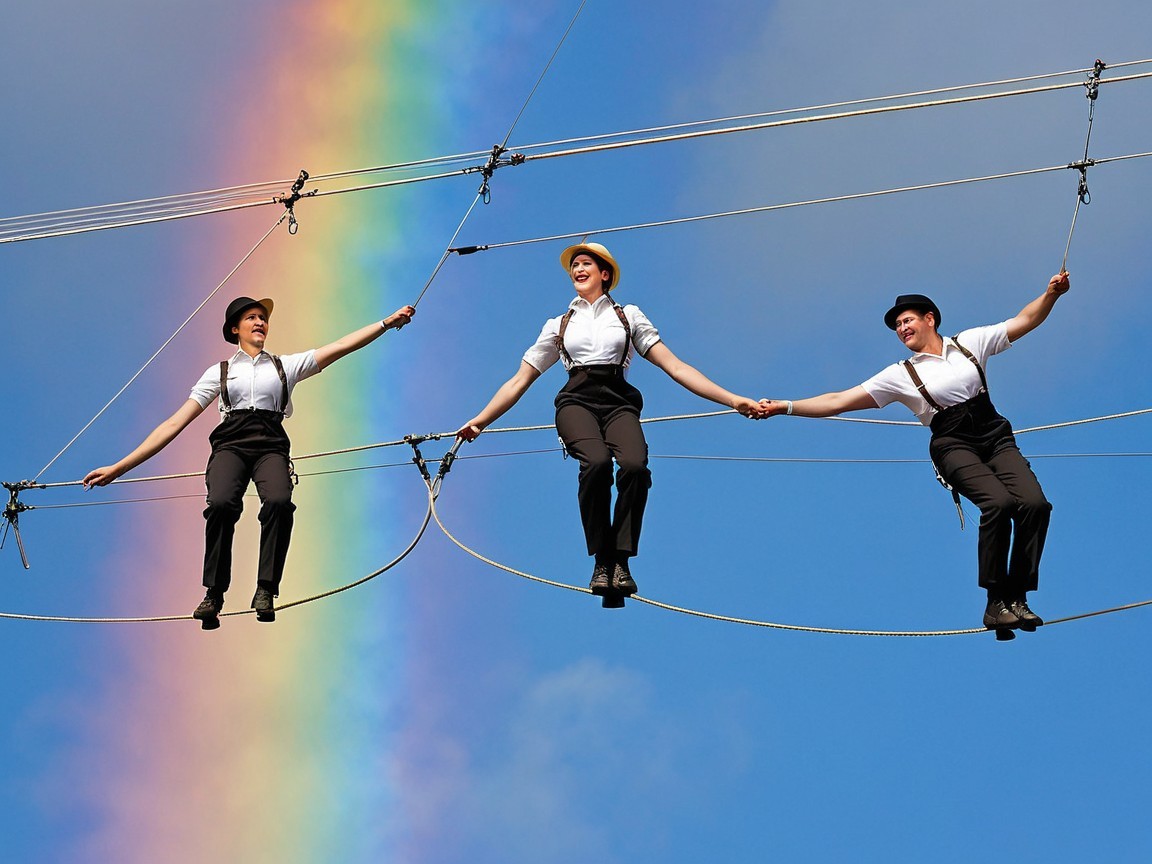 Performers on Tightropes with Vintage Attire and Rainbow
