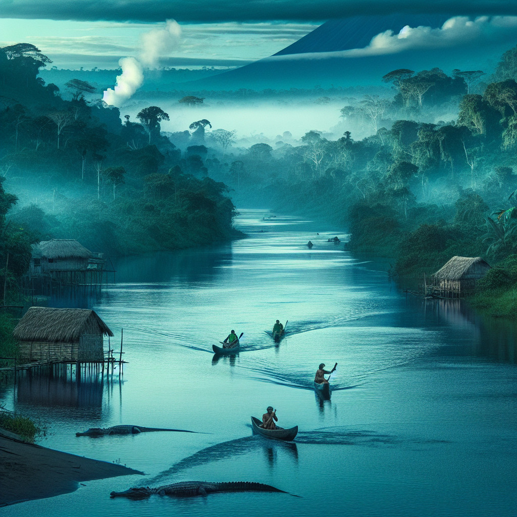 Serene River Landscape with Boats and Crocodiles