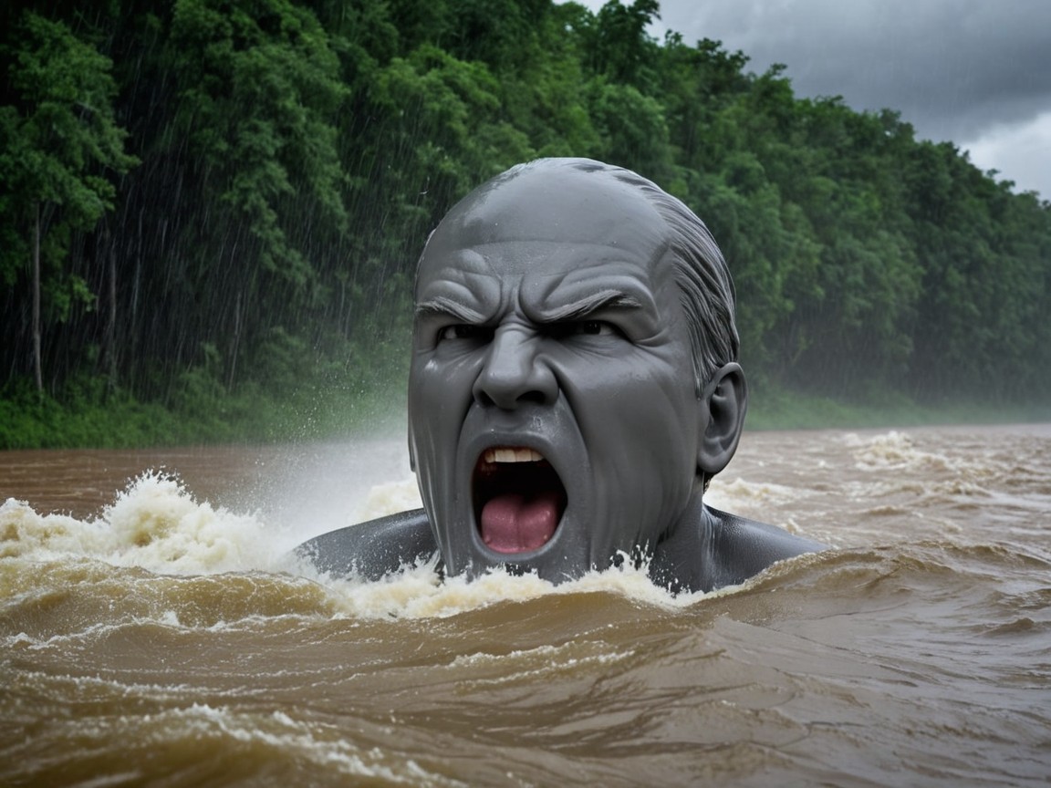Colossal Gray Figure Emerges from Turbulent Waters