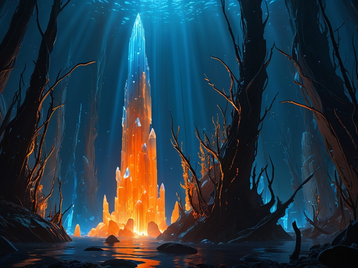 Surreal Underground Cavern with Fiery Crystal Formation