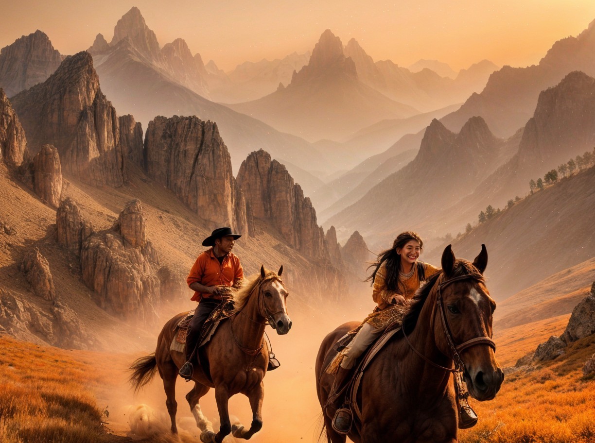 Riders in a Mountain Landscape at Sunset