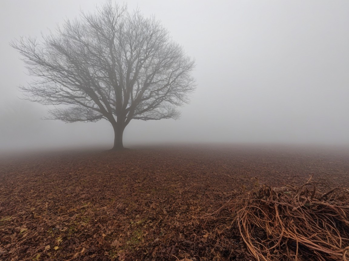 Solitary Tree in Foggy Landscape with Bare Branches