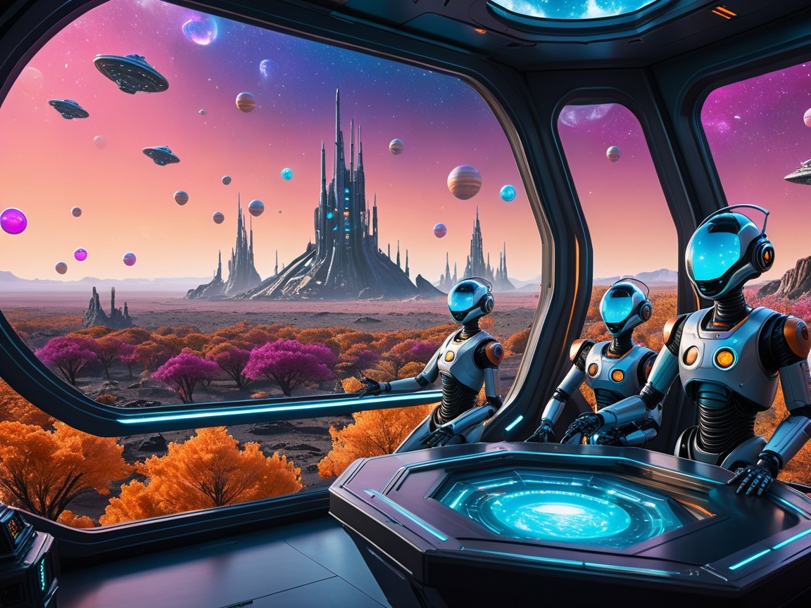 Futuristic Spacecraft with Robots and Alien Landscape