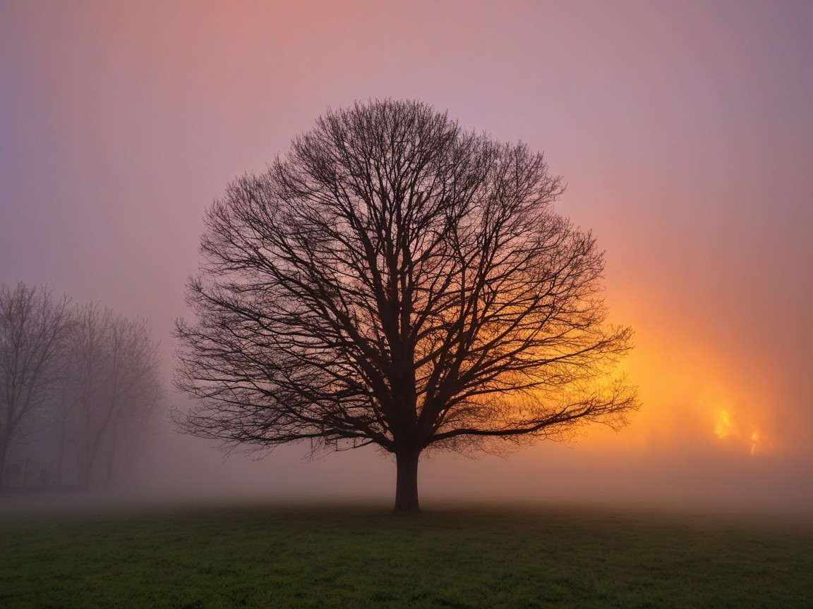 Solitary Tree in Misty Landscape at Dawn