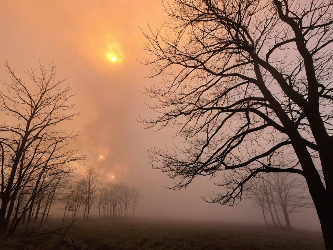 Misty Landscape with Glowing Orange Sky at Dusk