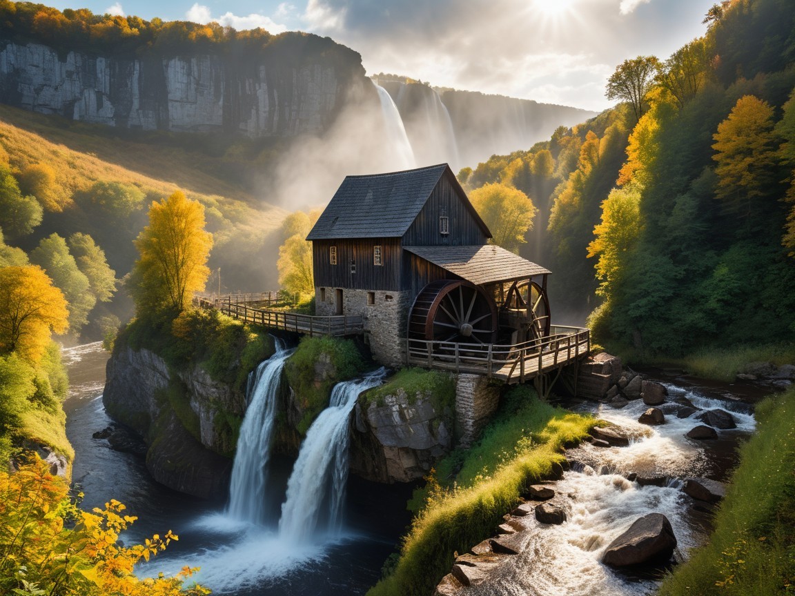 Rustic Watermill Amid Autumn Foliage and Waterfalls