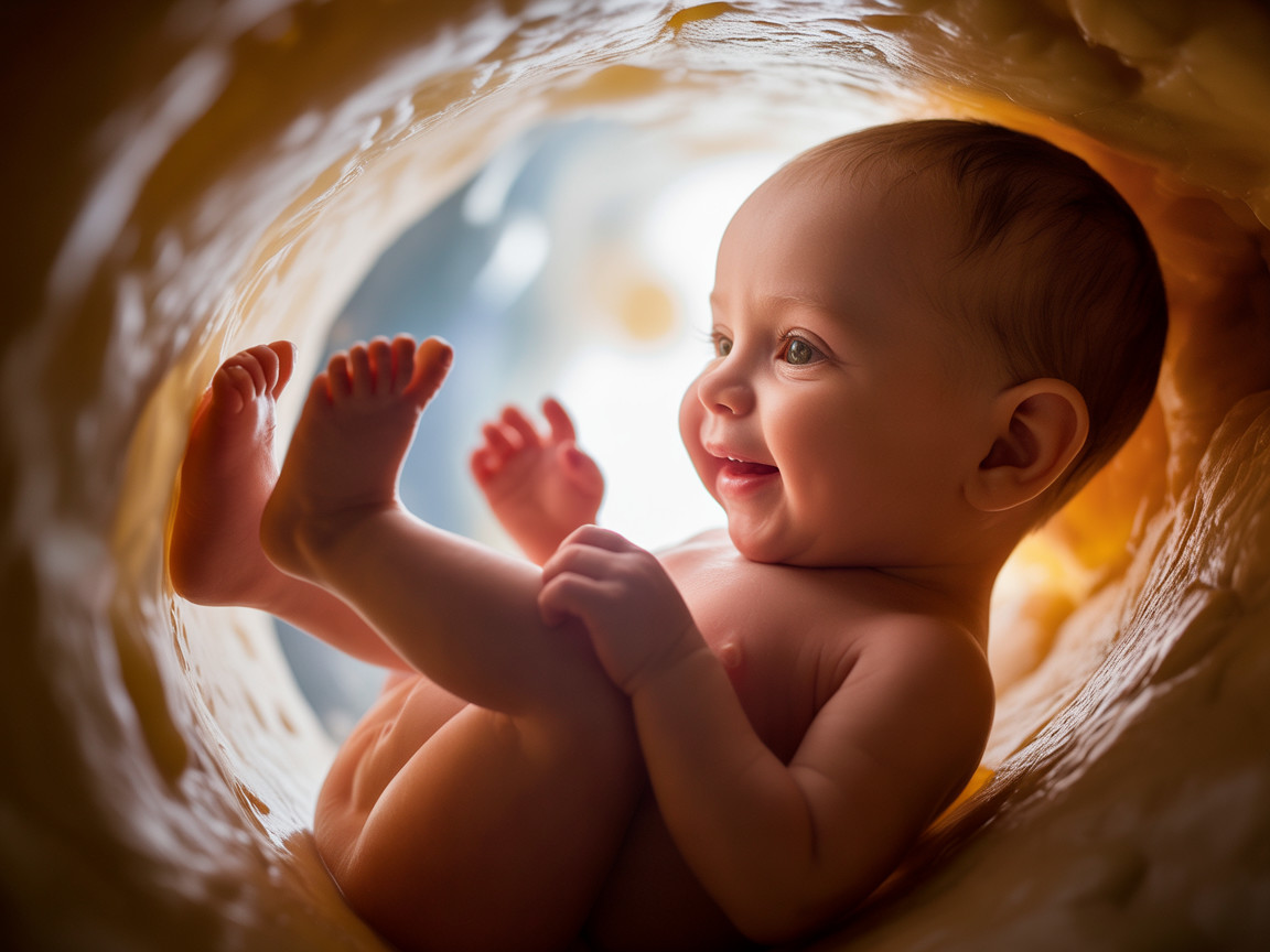 Joyful baby in soft, creamy tunnel setting