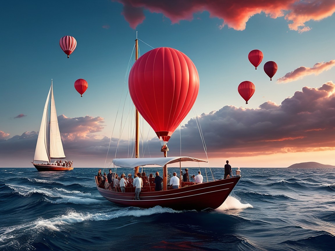 Wooden boat on waves with hot air balloons and sailboat
