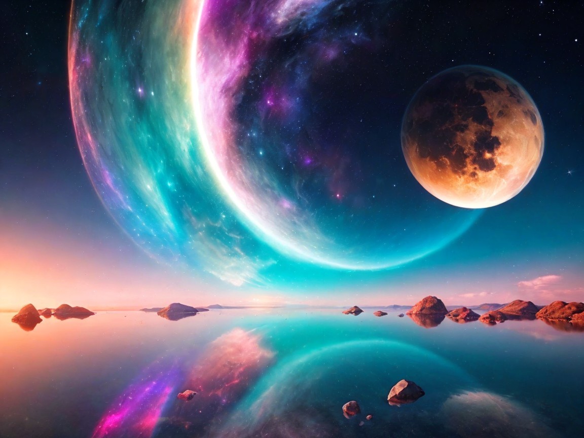 Vibrant Cosmic Scene with Nebulae and Celestial Bodies