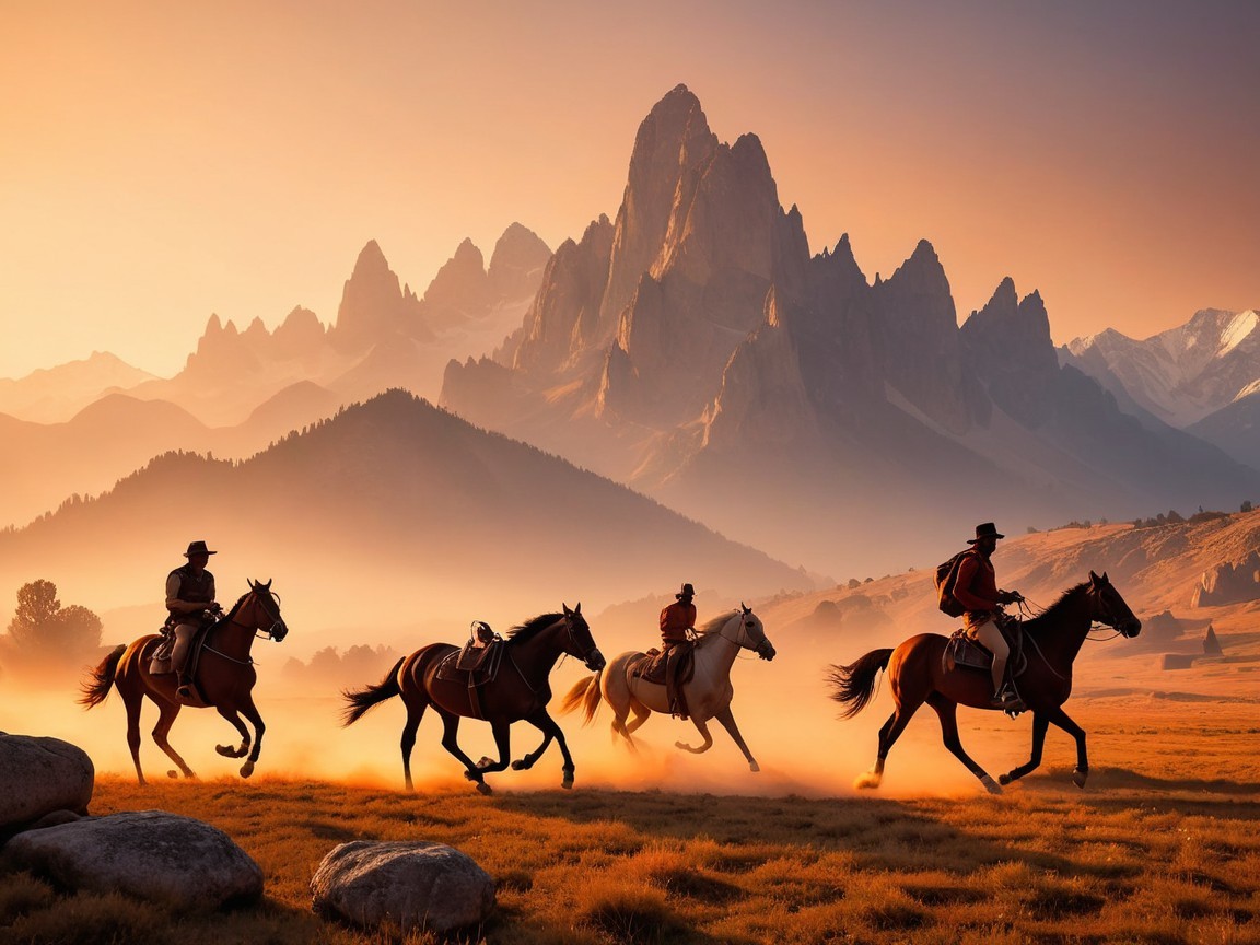 Sunset Over Rugged Mountains with Galloping Cowboys