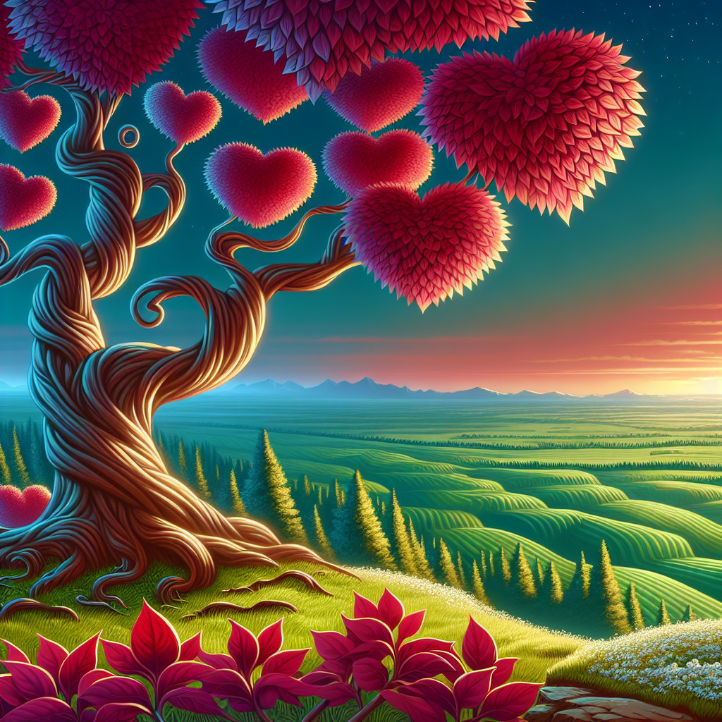 Whimsical Tree with Heart-Shaped Leaves at Sunset