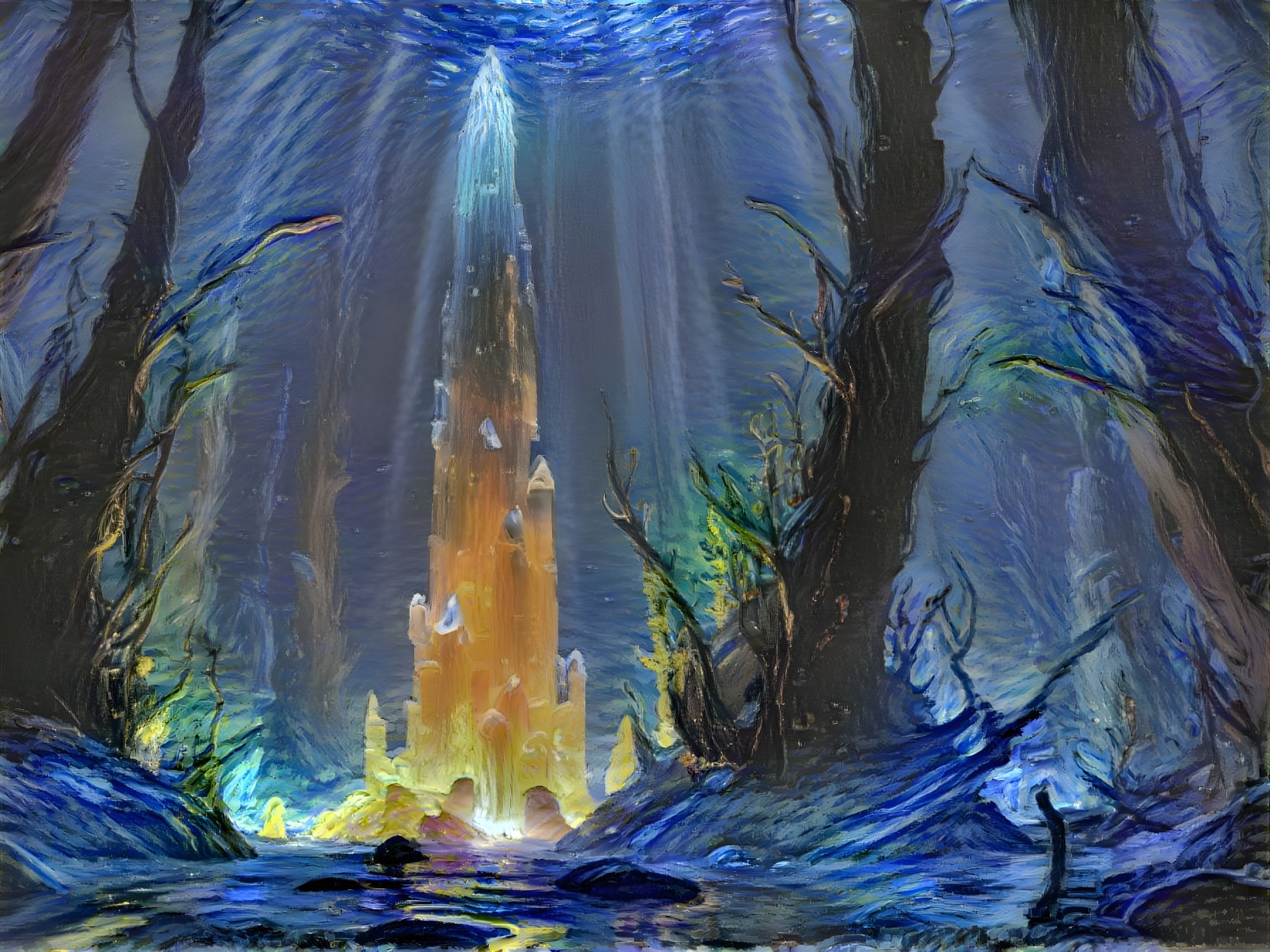 Mystical forest with glowing crystal formation and water