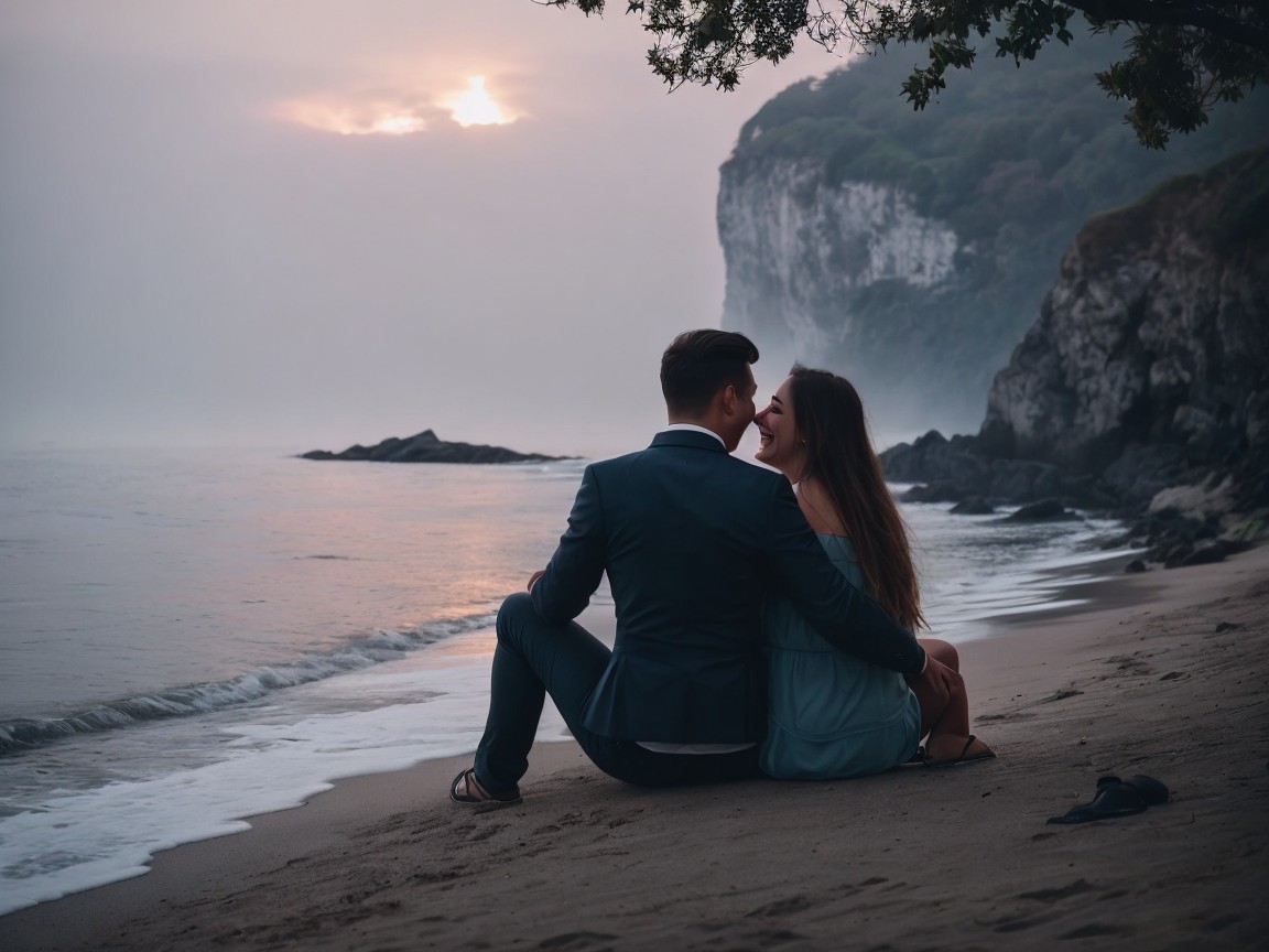 Couple on Beach at Sunset with Serene Atmosphere
