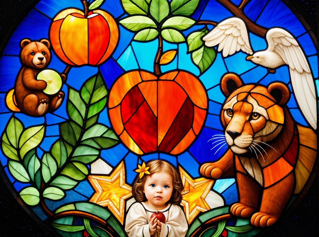 Stained Glass Artwork of Child with Apple and Animals