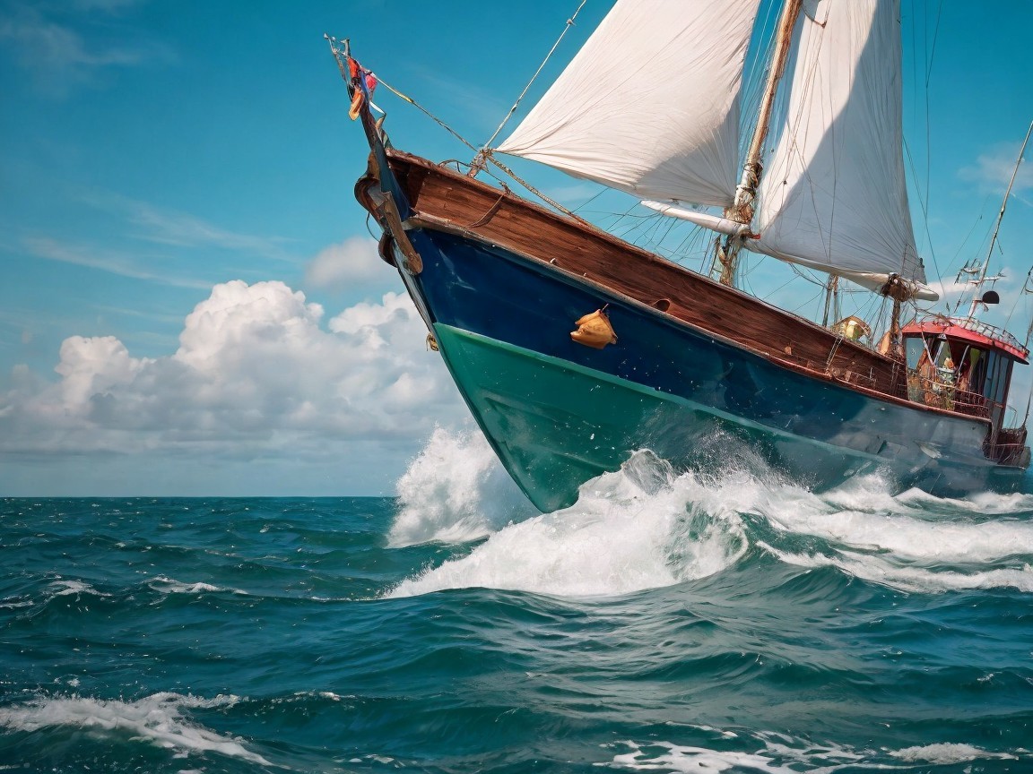 Vibrant Sailing Ship on Turquoise Waters with Clouds