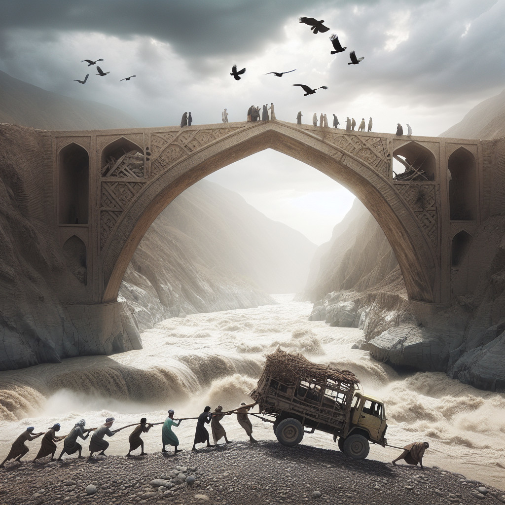 Group Pulls Truck Across Rugged Landscape Near River