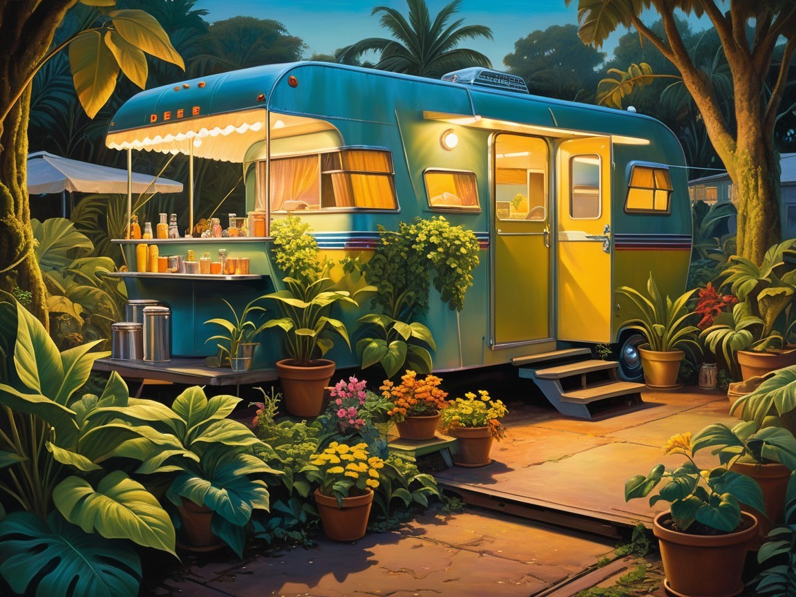 Vintage trailer surrounded by greenery and flowers