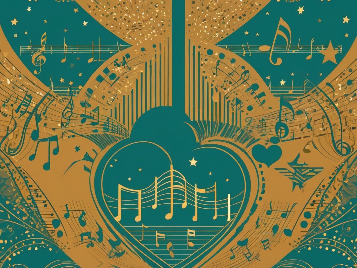 Intricate Gold Musical Notes on Teal Background