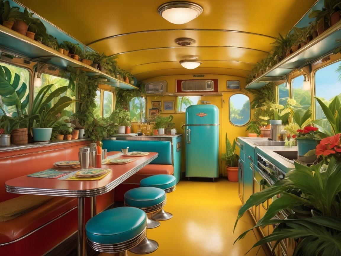 Vibrant Retro Diner Interior with Bright Colors and Decor