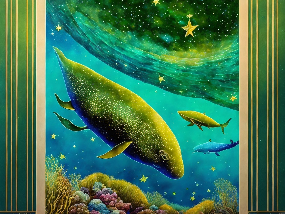 Vibrant Underwater Scene with Whales and Galaxy