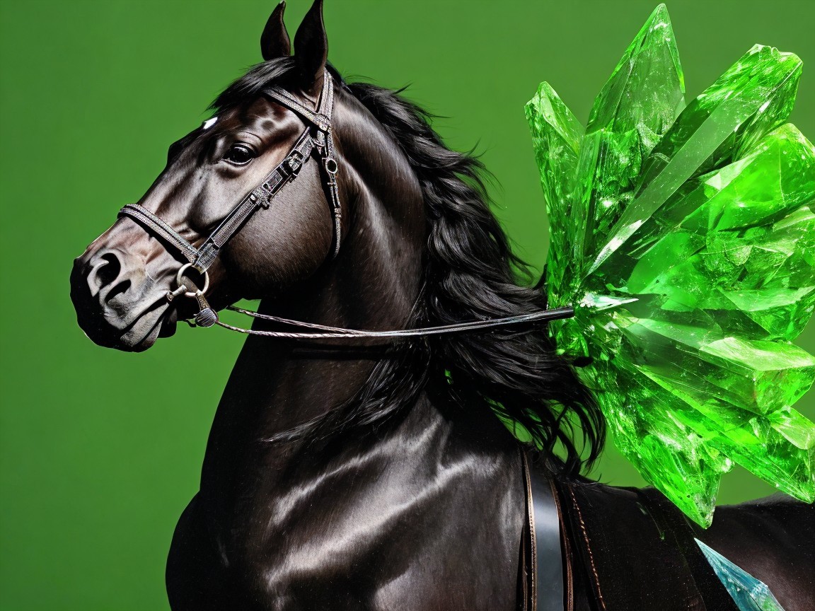 Majestic black horse with green crystal wings