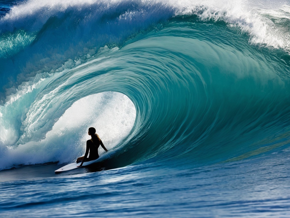 Surfer Riding a Turquoise Wave in Deep Blue Ocean