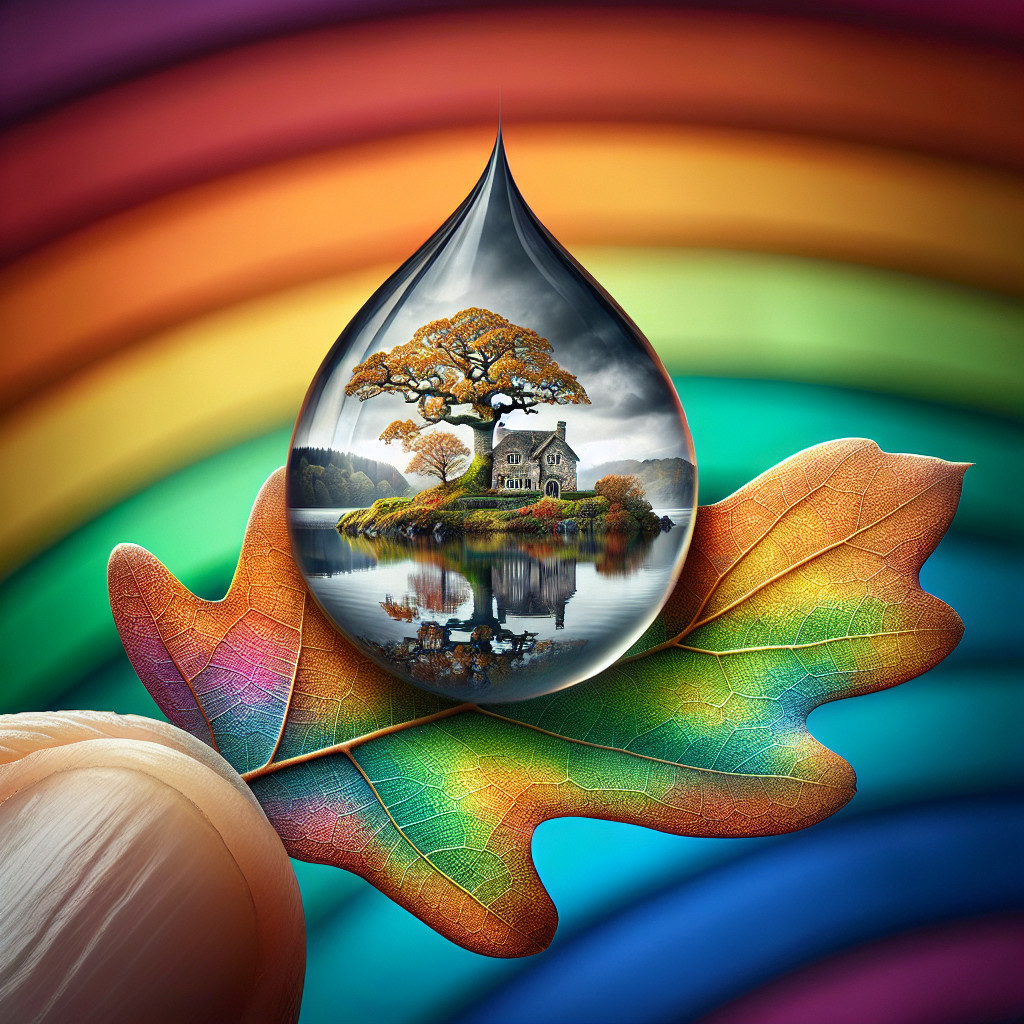 Vibrant Raindrop on Leaf with House and Rainbow Scene
