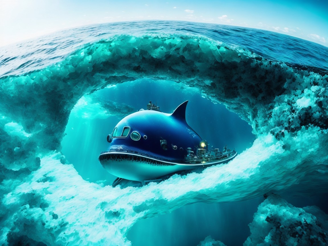 Futuristic submarine resembling a fish in vibrant ocean