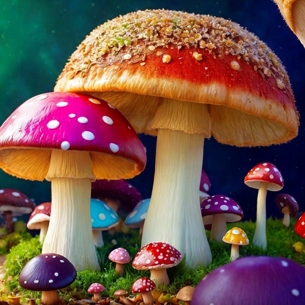 Vibrant Mushrooms in a Whimsical Starry Scene