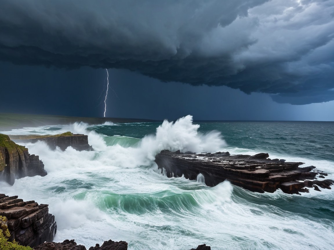 Dramatic Seascape with Stormy Waves and Cliffs