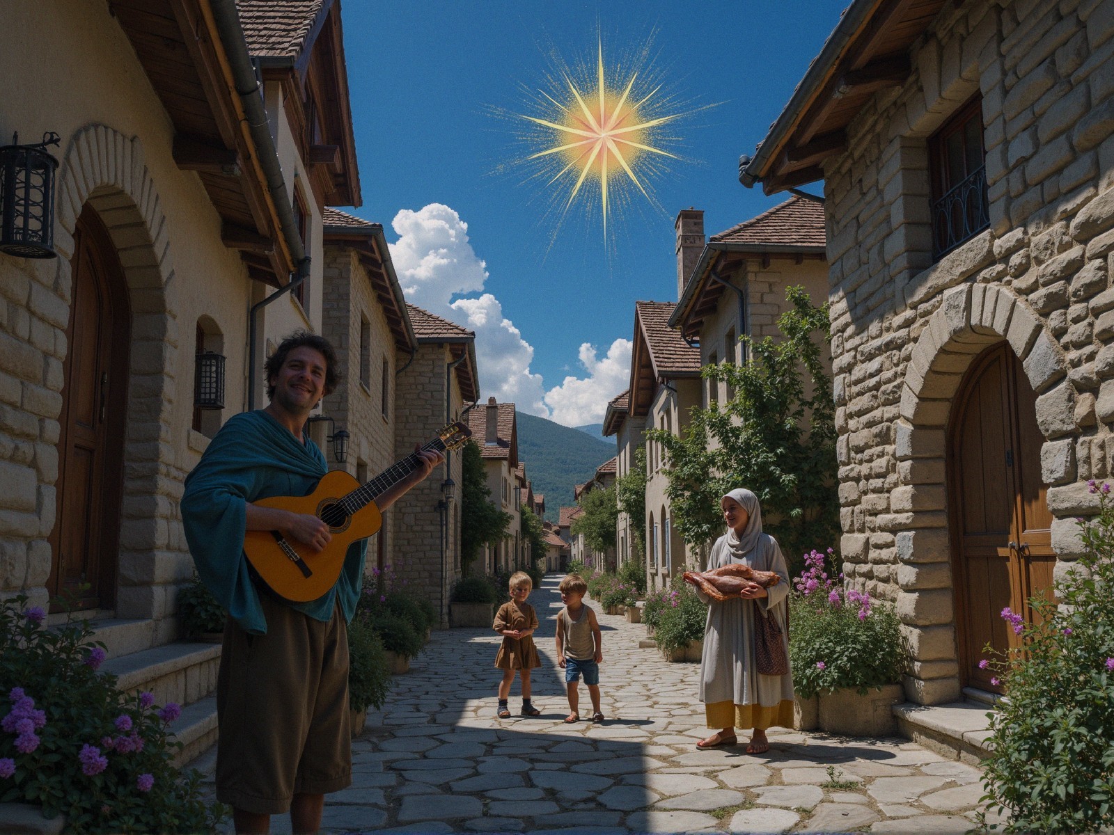 Village Scene with Guitarist and Dancing Children