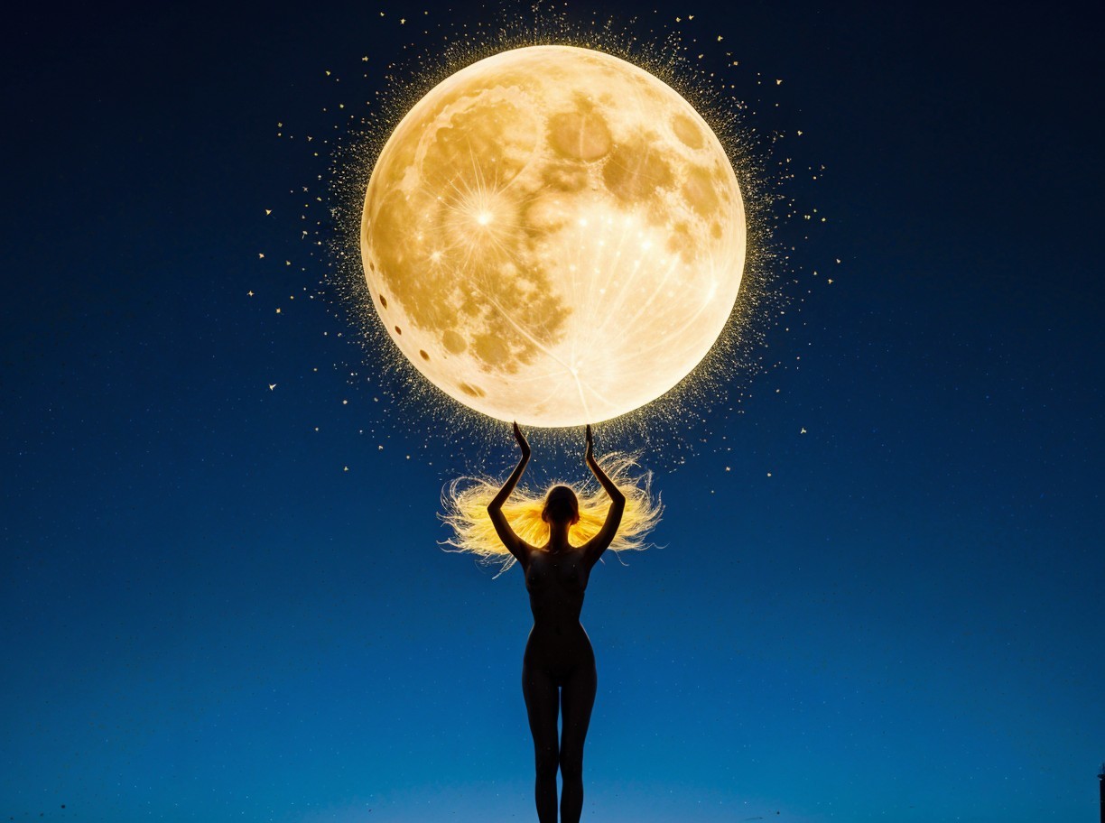 Silhouetted Figure with Glowing Moon in Blue Sky