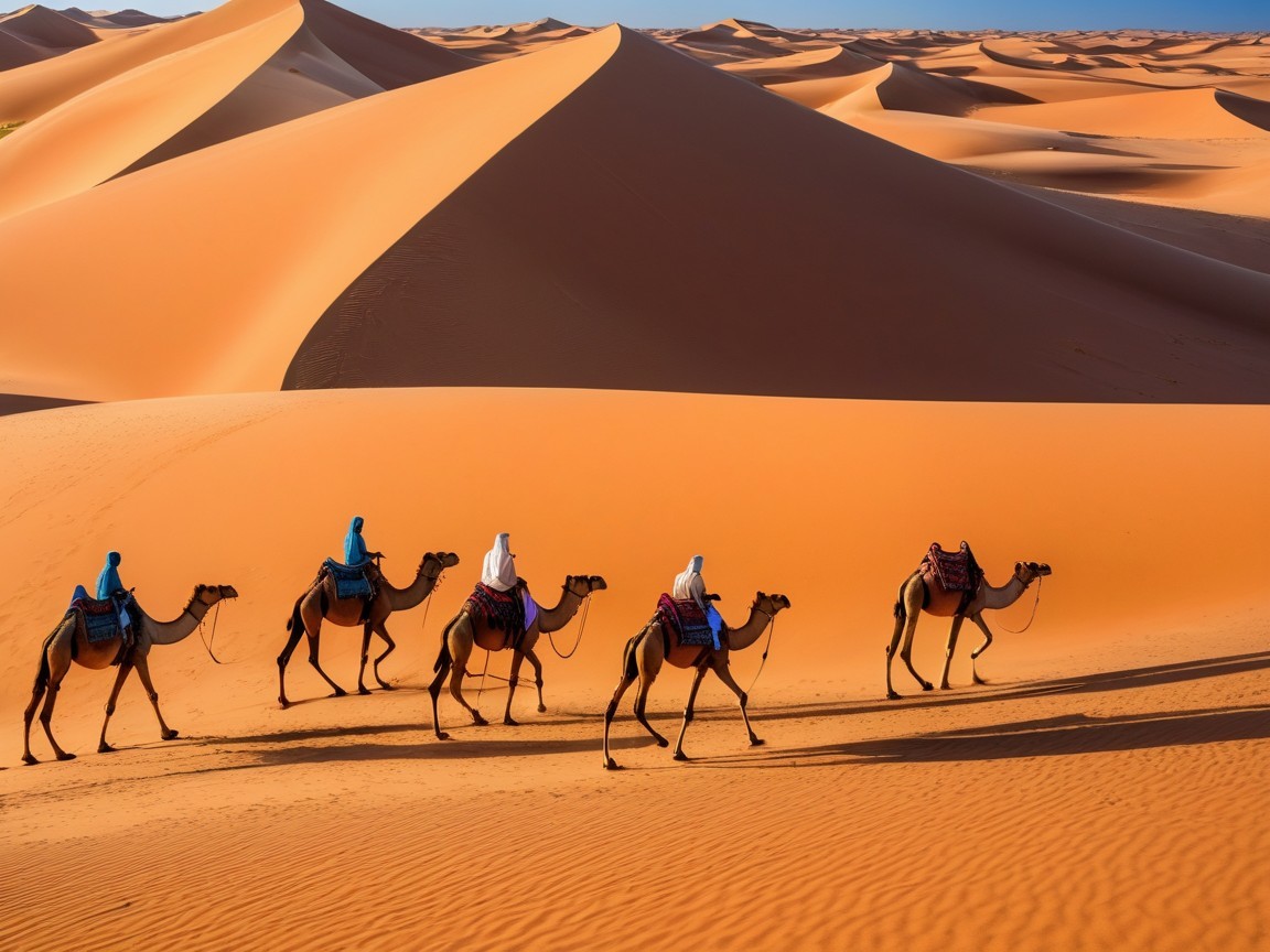 Camels Walking Across Orange Sand Dunes Under Blue Sky
