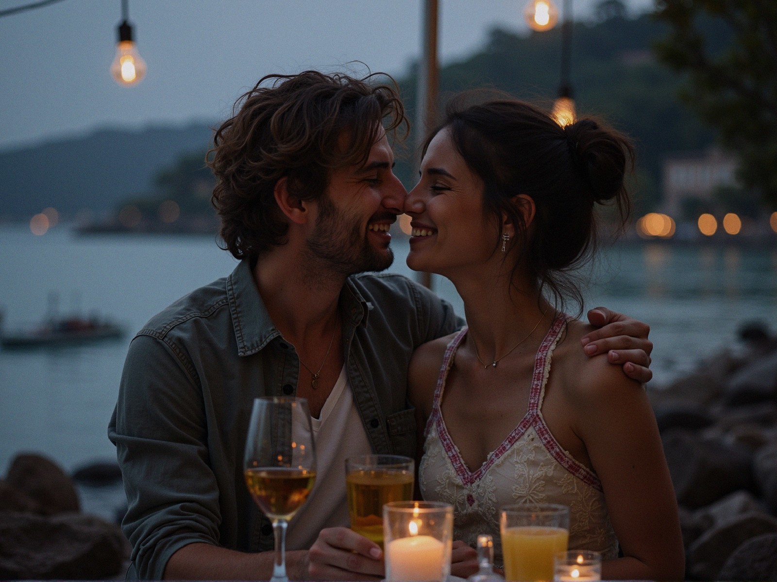 Couple Enjoys Romantic Seaside Dinner at Sunset