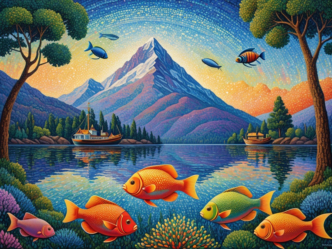 Vibrant Landscape with Lake, Mountain, and Colorful Fish